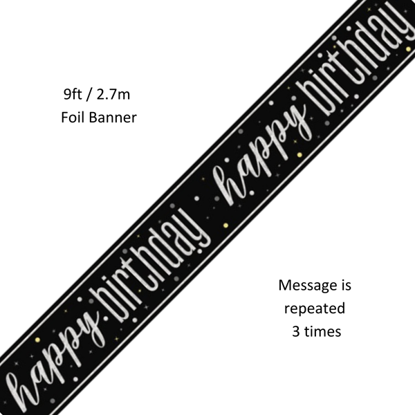 NEW Black Glitz Happy Birthday Foil Banner 9ft
