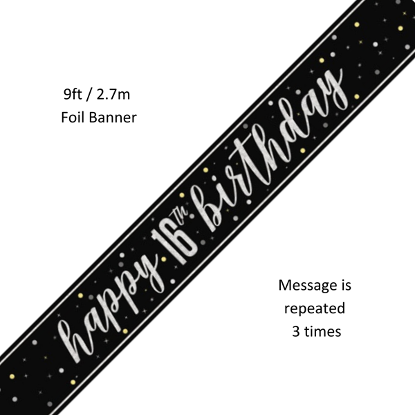 NEW Black Glitz Happy 16th Birthday Pristmatic Foil Banner 9ft