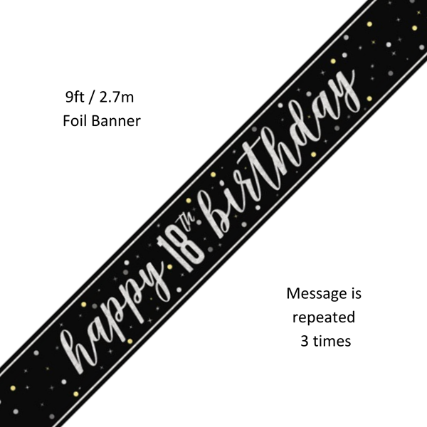 NEW Black Glitz Happy 18th Birthday Pristmatic Foil Banner 9ft