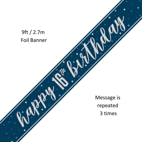 NEW Blue Glitz Happy 16th Birthday Prismatic Foil Banner 9ft