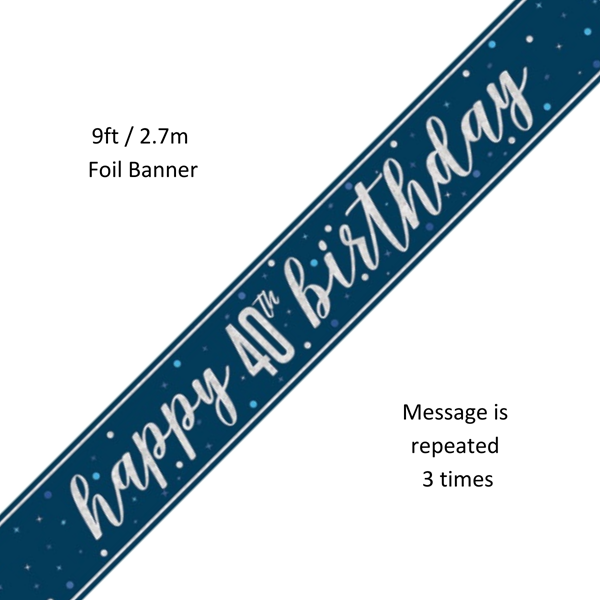 NEW Blue Glitz Happy 40th Birthday Prismatic Foil Banner 9ft