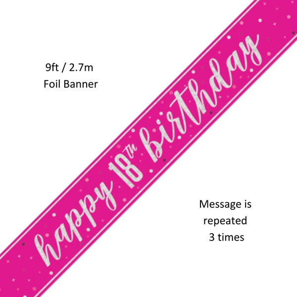 NEW Pink Glitz Happy 18th Birthday Prismatic Foil Banner 9ft