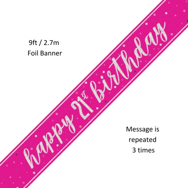 NEW Pink Glitz Happy 21st Birthday Prismatic Foil Banner 9ft