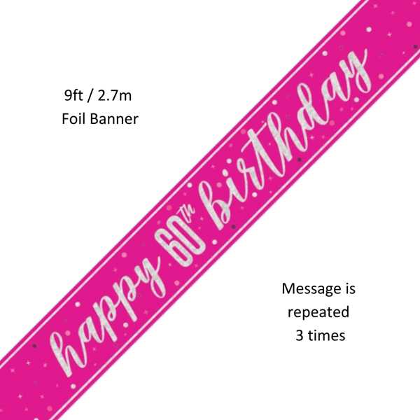 NEW Pink Glitz Happy 60th Birthday Prismatic Foil Banner 9ft