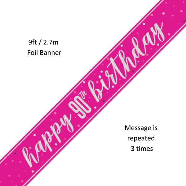NEW Pink Glitz Happy 90th Birthday Prismatic Foil Banner 9ft