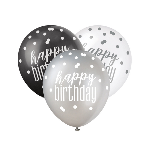 Black, Silver & White Glitz Happy Birthday Latex Balloons 6pk