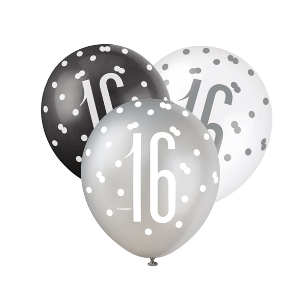 Black, Silver & White Glitz 16th Birthday Latex Balloons 6pk