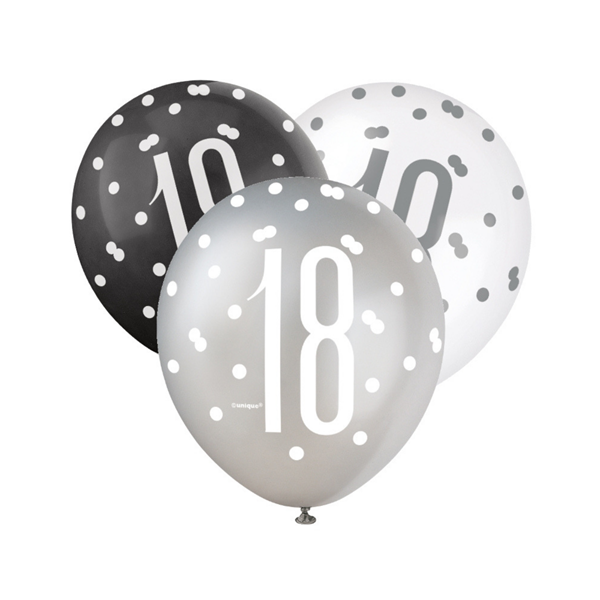 Black, Silver & White Glitz 18th Birthday Latex Balloons 6pk