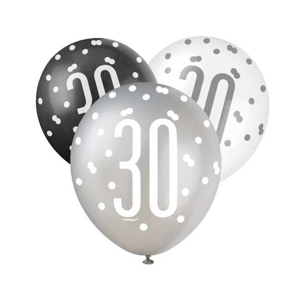 Black, Silver & White Glitz 30th Birthday Latex Balloons 6pk
