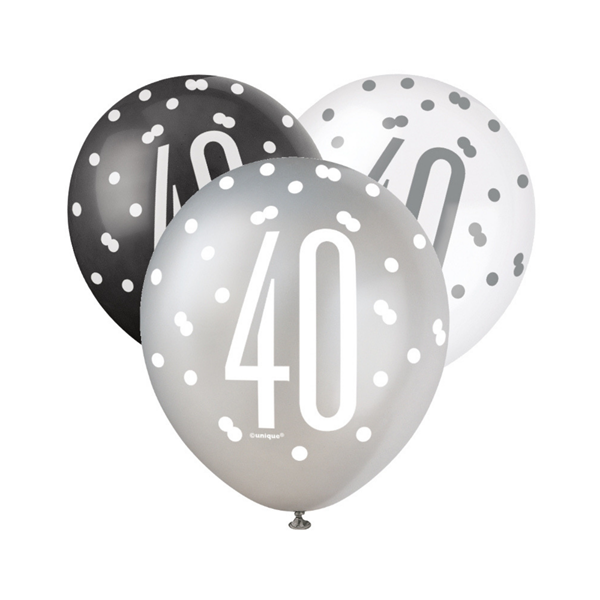 Black, Silver & White Glitz 40th Birthday Latex Balloons 6pk