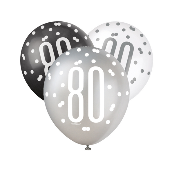 Black, Silver & White Glitz 80th Birthday Latex Balloons 6pk