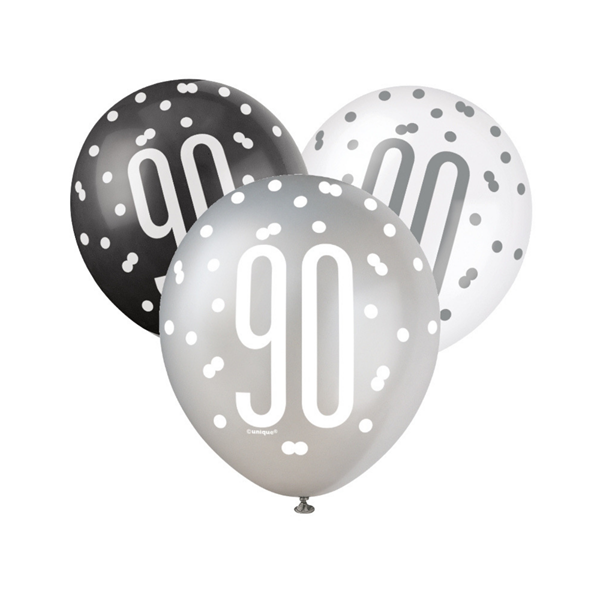 Black, Silver & White Glitz 90th Birthday Latex Balloons 6pk