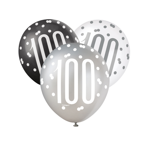 Black, Silver & White Glitz 100th Birthday Latex Balloons 6pk