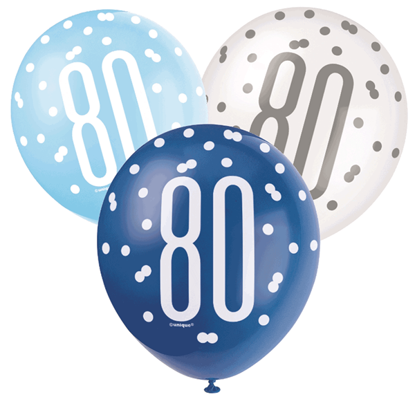 Blue & White Glitz 80th Birthday Latex Balloons 6pk