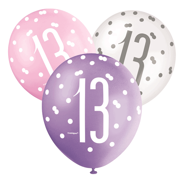 Pink, Purple, White Glitz 13th Birthday Latex Balloons 6pk