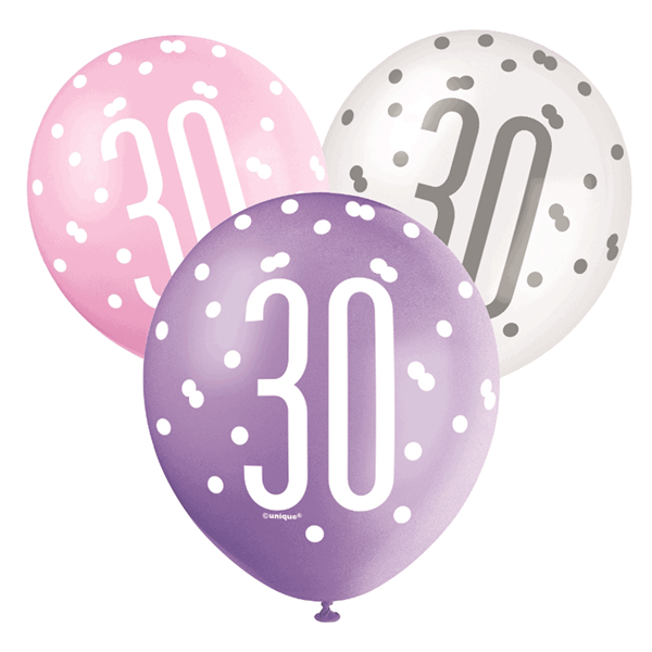 Pink, Purple, White Glitz 30th Birthday Latex Balloons 6pk
