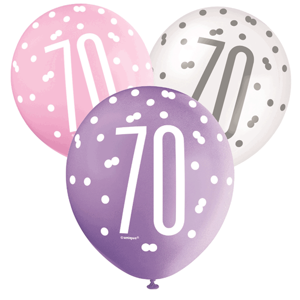 Pink, Purple, White Glitz 70th Birthday Latex Balloons 6pk