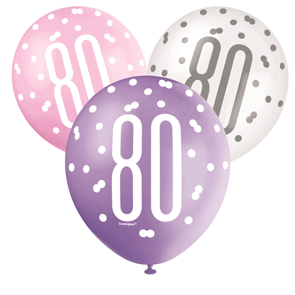 Pink, Purple, White Glitz 80th Birthday Latex Balloons 6pk