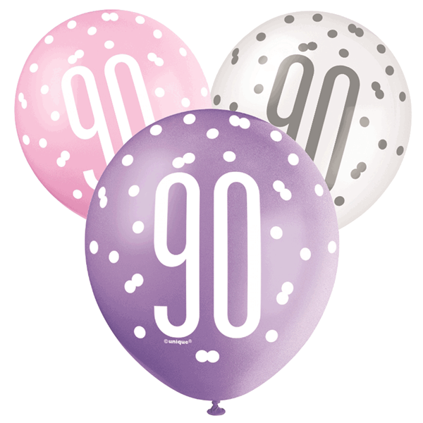 Pink, Purple, White Glitz 90th Birthday Latex Balloons 6pk