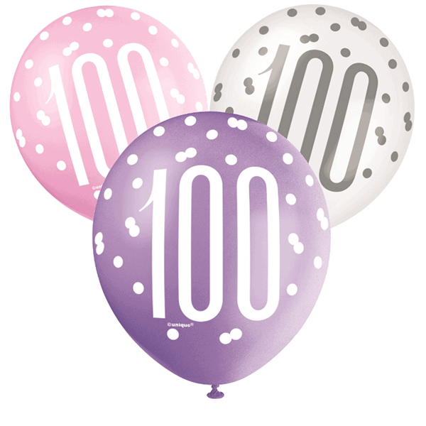 Pink, Purple, White Glitz 100th Birthday Latex Balloons 6pk