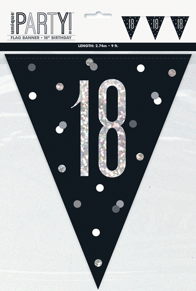 Black Glitz 18th Birthday Foil Flag Banner 9ft