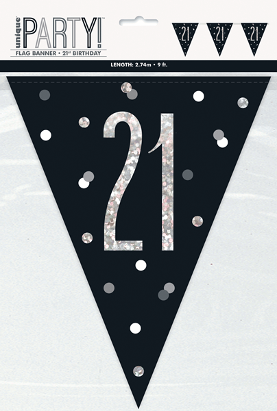 Black Glitz 21st Birthday Foil Flag Banner 9ft
