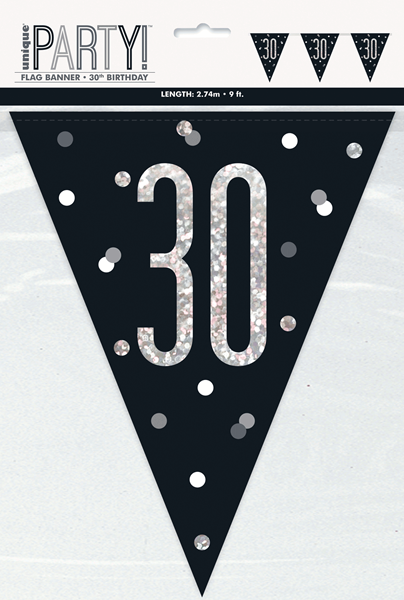 Black Glitz 30th Birthday Foil Flag Banner 9ft
