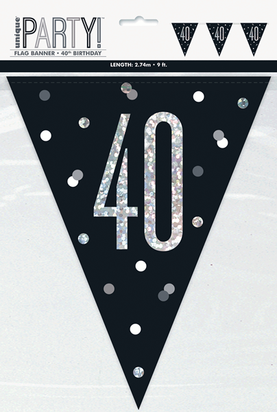 Black Glitz 40th Birthday Foil Flag Banner 9ft