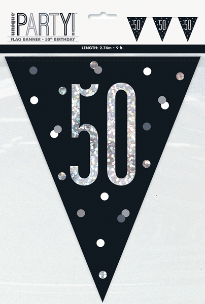 Black Glitz 50th Birthday Foil Flag Banner 9ft