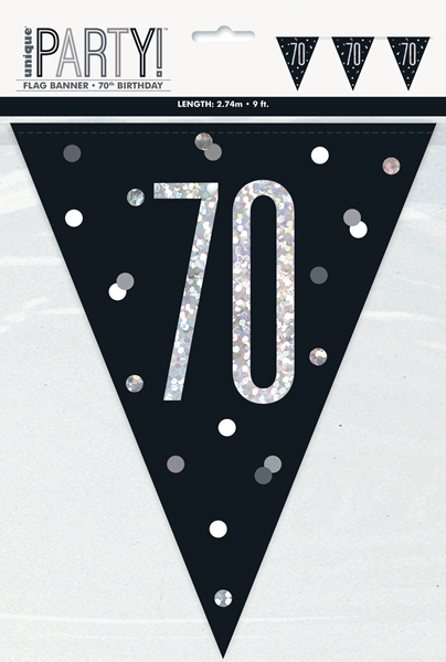 Black Glitz 70th Birthday Foil Flag Banner 9ft
