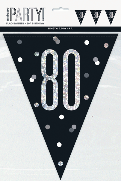 Black Glitz 80th Birthday Foil Flag Banner 9ft