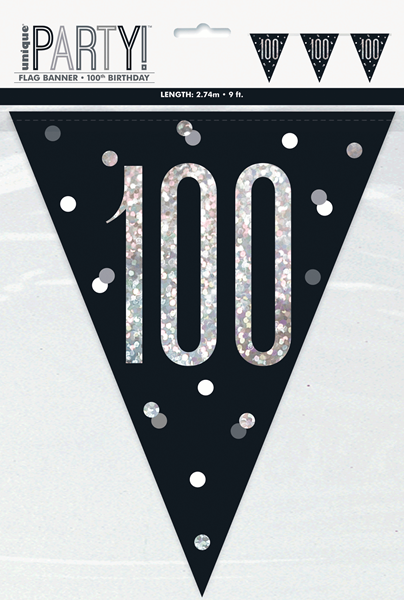Black Glitz 100th Birthday Foil Flag Banner 9ft