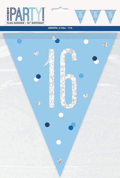 Blue Glitz 16th Birthday Foil Flag Banner 9ft