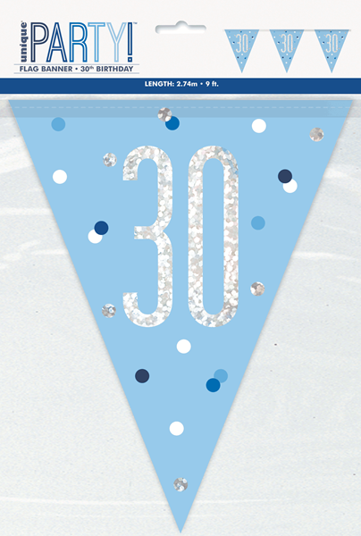 Blue Glitz 30th Birthday Foil Flag Banner 9ft