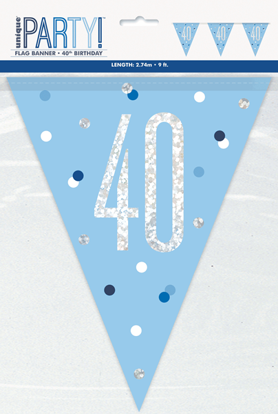 Blue Glitz 40th Birthday Foil Flag Banner 9ft