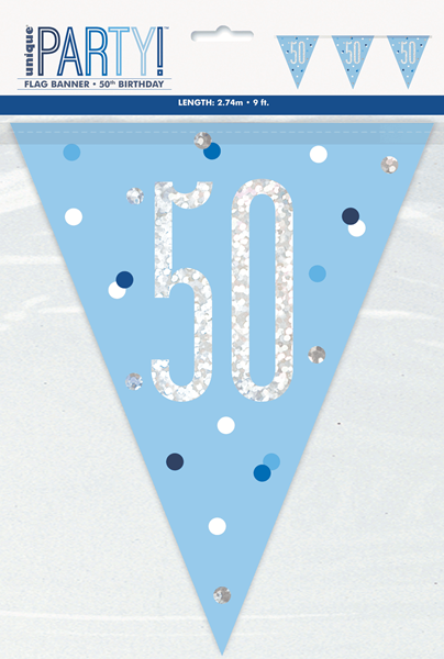 Blue Glitz 50th Birthday Foil Flag Banner 9ft