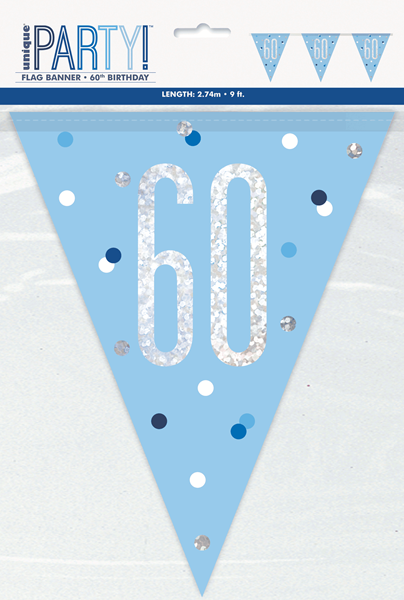 Blue Glitz 60th Birthday Foil Flag Banner 9ft