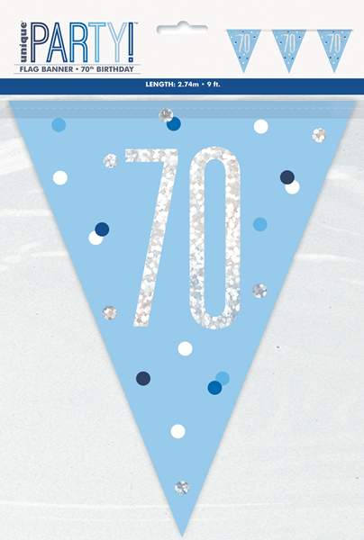 Blue Glitz 70th Birthday Foil Flag Banner 9ft