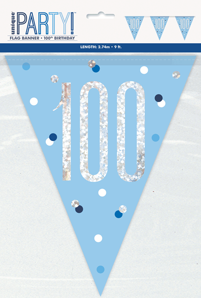 Blue Glitz 100th Birthday Foil Flag Banner 9ft