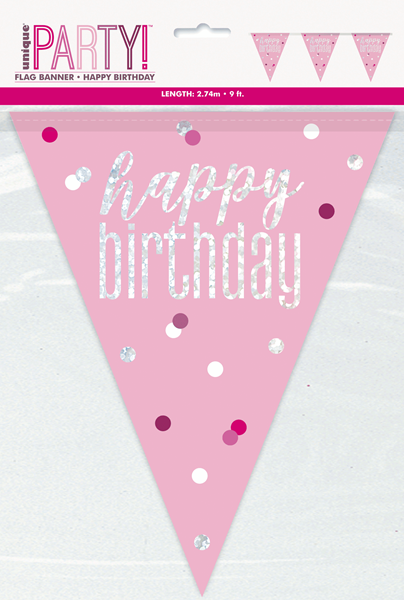 Pink Glitz Happy Birthday Foil Flag Banner 9ft