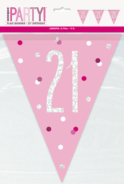Pink Glitz 21st Birthday Foil Flag Banner 9ft