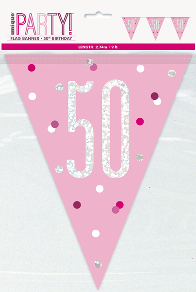 Pink Glitz 50th Birthday Foil Flag Banner 9ft