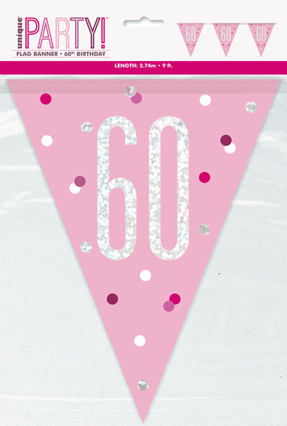 Pink Glitz 60th Birthday Foil Flag Banner 9ft