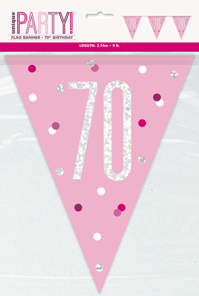 Pink Glitz 70th Birthday Foil Flag Banner 9ft