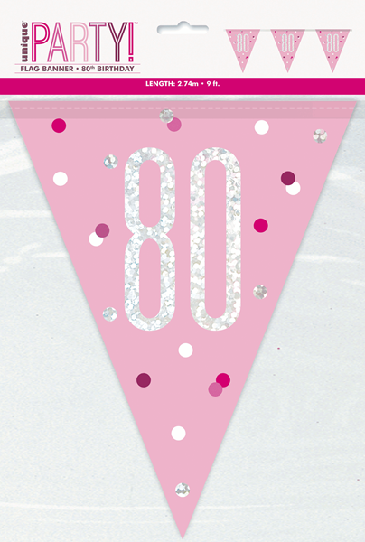 Pink Glitz 80th Birthday Foil Flag Banner 9ft