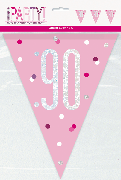 Pink Glitz 90th Birthday Foil Flag Banner 9ft
