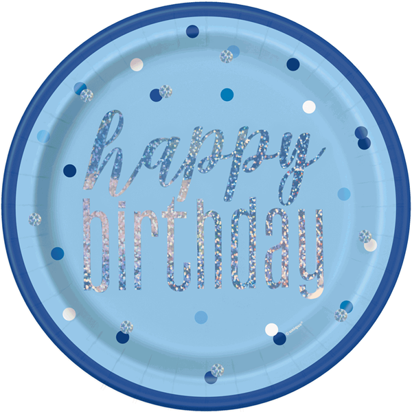 Blue Glitz Foil Stamped Happy Birthday 9" Paper Plates 8pk