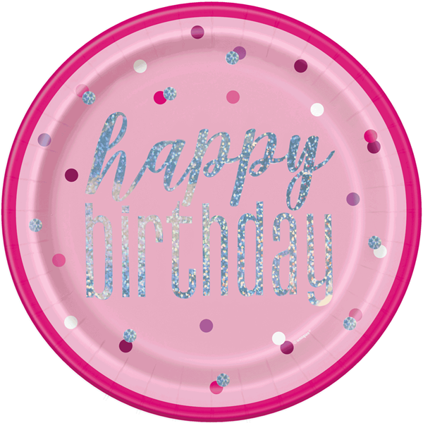 Pink Glitz Happy Birthday Foil Printed 9" Plates 8pk