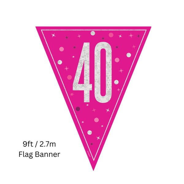 NEW Pink Glitz Age 40 Prismatic Foil Flag Banner 9ft