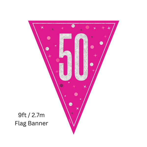 NEW Pink Glitz Age 50 Prismatic Foil Flag Banner 9ft